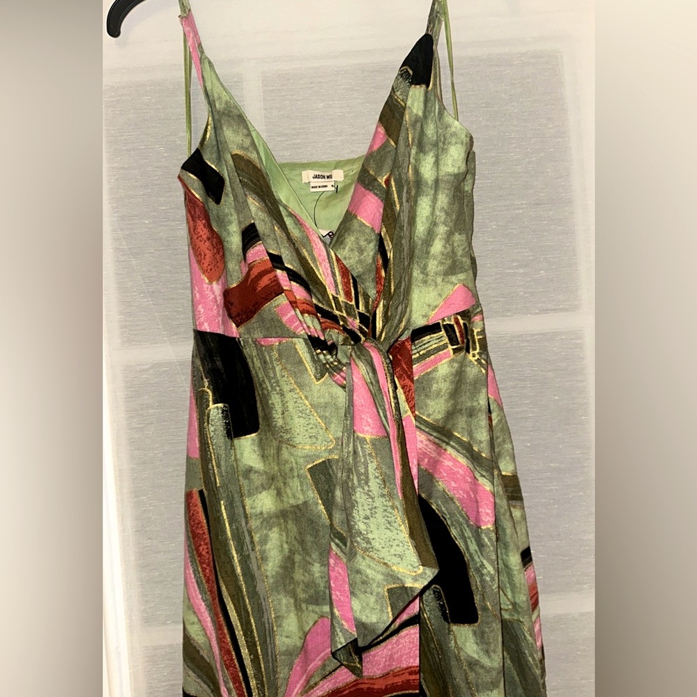 NWT Jason Wu Tropical Gold Accent Faux Wrap Tie Linen Blend Dress sz 6
